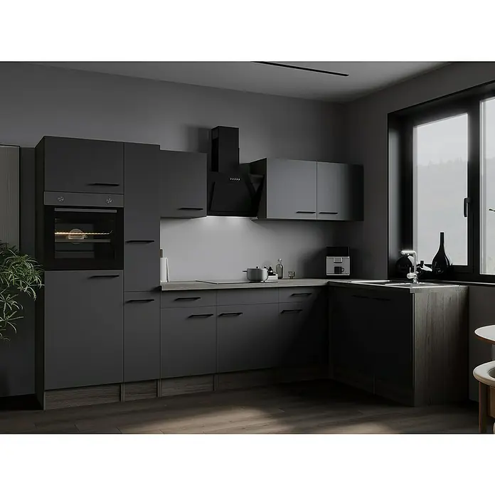 Respekta Olivia Winkelküche - 172 x 310 cm, Grau, Farbe Arbeitsplatte: Eiche York Nachbildung, Mit Elektrogeräten, Schwarze Griffe - Modernes Küchendesign in Anthrazit mit dunklen Akzenten und integrierten Geräten. Stilvolle Kücheneinrichtung für zeitgemäßes Wohnen.