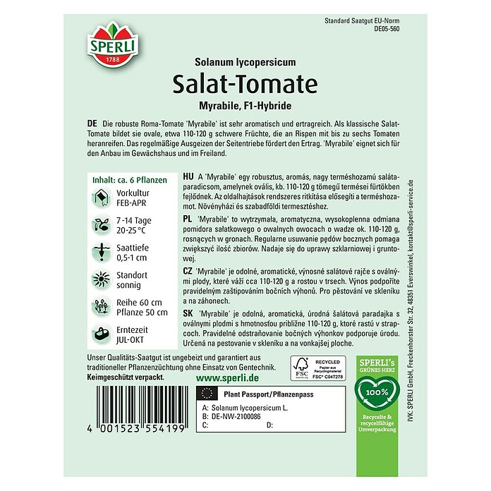 Sperli Gemüsesamen Salat-Tomate (Myrabile, Solanum lycopersicum, Erntezeit: Juli) | BAUHAUS