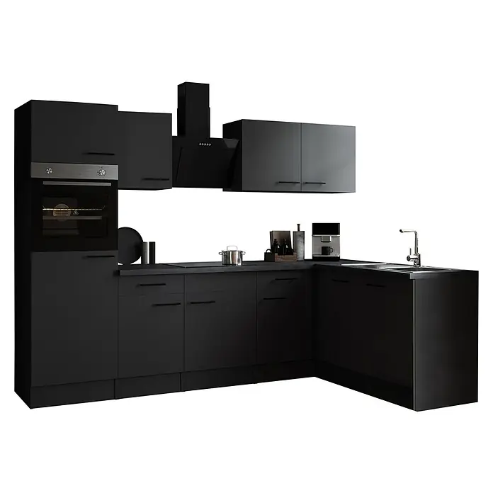 Respekta Olivia Winkelküche - 172 x 280 cm, Grau, Farbe Arbeitsplatte: Granit Optik, Mit Elektrogeräten, Schwarze Griffe - Moderne schwarze Küche mit Geräten und Spüle. Die schlichte Gestaltung und die dunklen Töne verleihen der Küche eine elegante Note.