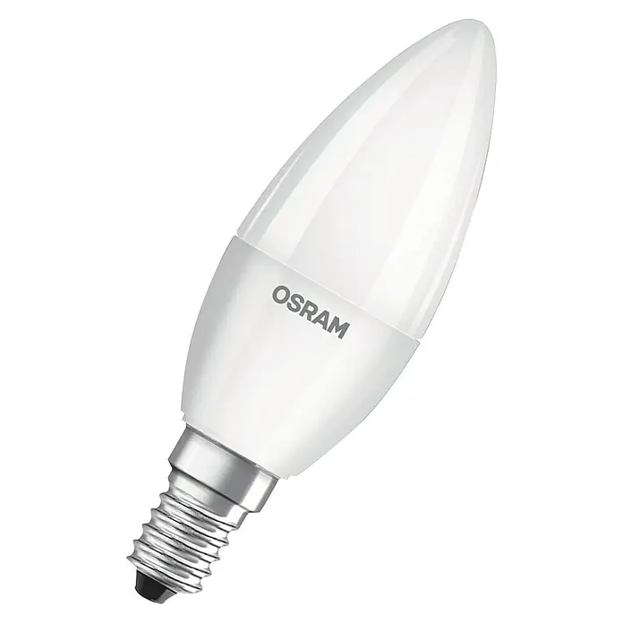 Osram LED-Lampe Kerzenform E14 matt - E14, Nicht Dimmbar, Kaltweiß, 470 lm, 5 W - Nahaufnahme einer weißen OSRAM LED-Lampe in Kerzenform mit E14-Sockel, ideal für dekorative Beleuchtung und energieeffiziente Lösungen.