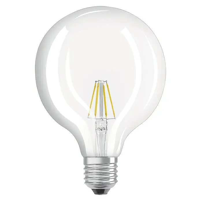 Osram LED-Lampe Vintage Globe-Form E27 - E27, Nicht Dimmbar, Warmweiß, 806 lm, 6 W - Nahaufnahme einer klaren LED-Glühbirne im Edison-Stil mit Filamenten und Metallsockel, die energiesparende Beleuchtung präsentiert.
