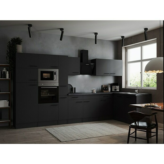 Respekta Olivia Winkelküche (172 x 370 cm, Grau, Farbe Arbeitsplatte: Granit Optik, Mit Elektrogeräten, Schwarze Griffe) | BAUHAUS