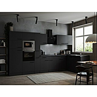 Respekta Olivia Winkelküche (172 x 370 cm, Grau, Farbe Arbeitsplatte: Granit Optik, Mit Elektrogeräten, Schwarze Griffe)