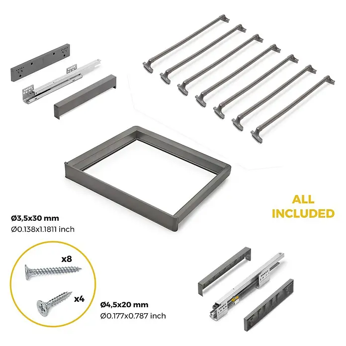 Emuca Hosenhalter Quartz - Metall, Titanium - Das Bild zeigt ein Set von Küchenschrank-Komponenten, inklusive Schubladenrahmen, Schienen und Schrauben.