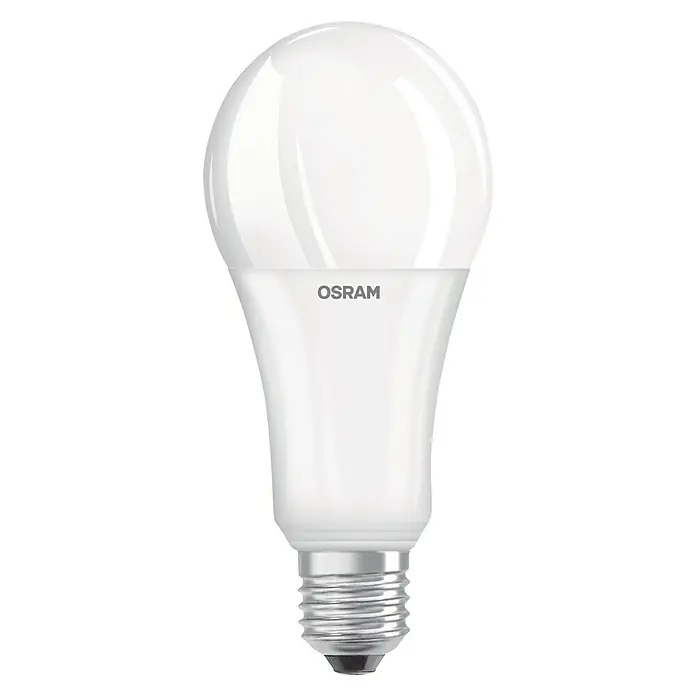 Osram LED-Lampe Glühlampenform E27 matt - E27, Dimmbar, Warmweiß, 2.452 lm, 21 W - Nahaufnahme einer LED-Glühbirne der Marke Osram, die effiziente Beleuchtung für den täglichen Gebrauch bietet.