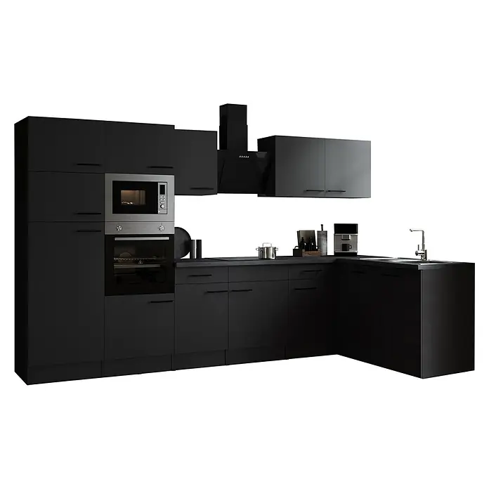 Respekta Olivia Winkelküche - 172 x 340 cm, Grau, Farbe Arbeitsplatte: Granit Optik, Mit Elektrogeräten, Schwarze Griffe - Schwarze Küche mit Einbaugeräten, Dunstabzugshaube und Spüle. Die moderne Küche bietet viel Stauraum und eine elegante Optik.