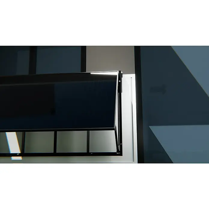 Hepa Solar Balkonkraftwerk Premium - 0% MwSt. gem. § 12 Abs. 3 UStG - 800 W, L x B x H: 184 x 120 x 10 cm, Back Contact-Technologie (HPBC) - Nahaufnahme eines schwarzen, an der Wand montierten Fernsehers mit schmalem Rahmen und sichtbarer Reflexion.