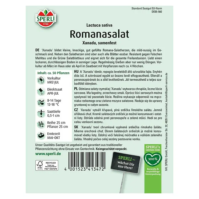 Sperli Gemüsesamen Romanasalat - Lactuca sativa, Erntezeit: Mai - SPERLI Romanasalat 'Xanadu' Samenpackung. Für knackige, gut gefüllte Romana-Salatherzen mit nussigem Geschmack, ideal für den Anbau im Garten.