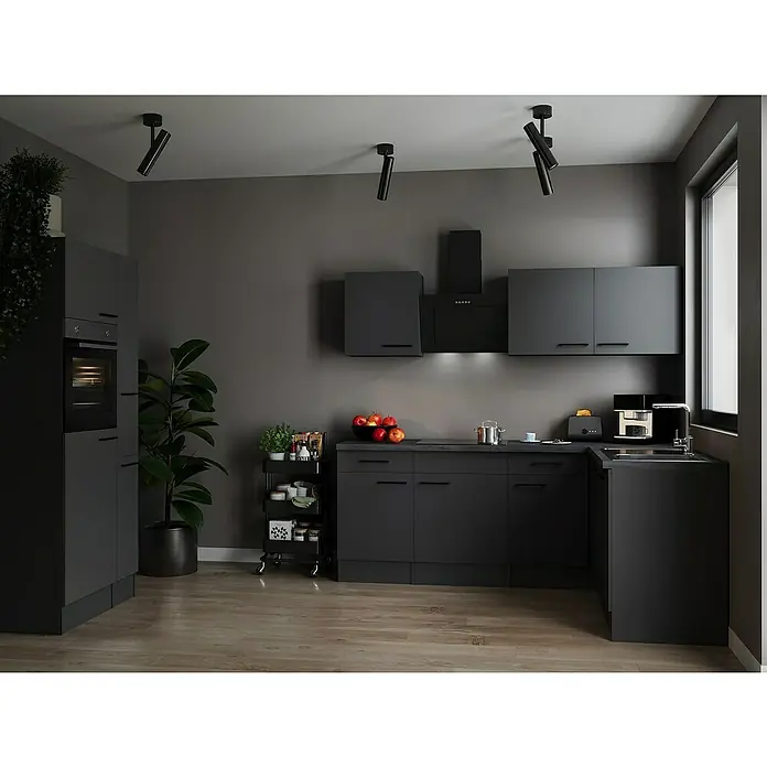 Respekta Olivia Winkelküche - 172 x 310 cm, Grau, Farbe Arbeitsplatte: Granit Optik, Mit Elektrogeräten, Schwarze Griffe - Moderne Küche mit grauen Schränken, schwarzen Akzenten und Holzboden für einen eleganten und stilvollen Look. Funktionale Gestaltung für höchsten Komfort.