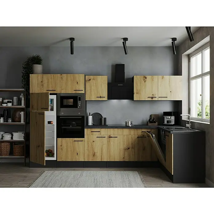 Respekta Olivia Winkelküche - 172 x 340 cm, Artisan Eiche Nachbildung, Mit Elektrogeräten - Moderne Küche mit Holzfronten, schwarzen Akzenten und integrierten Geräten. Elegantes Design für zeitgemäßes Wohnen mit viel Stauraum.