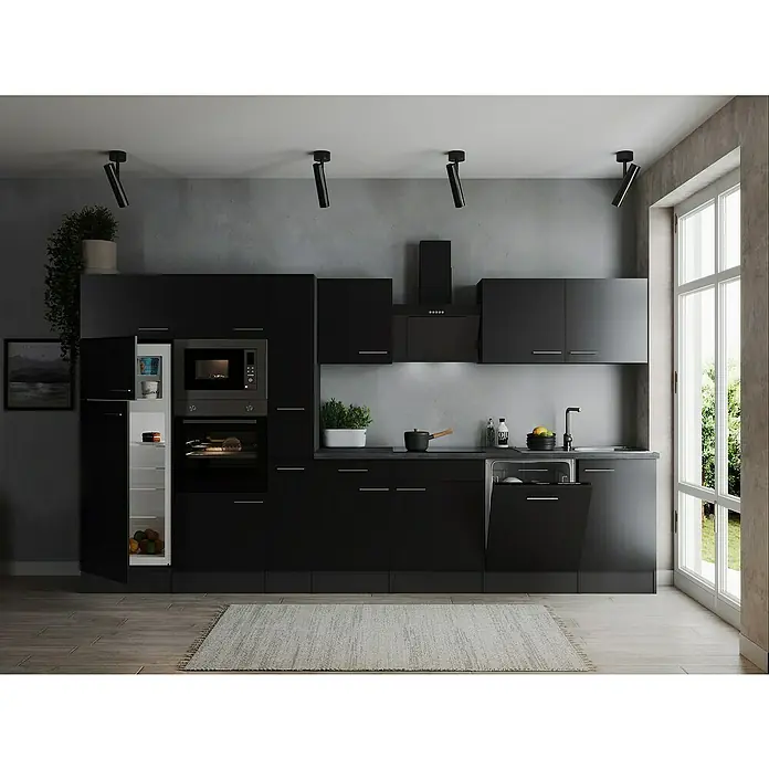 Respekta Olivia Küchenzeile - Breite: 370 cm, Schwarz, Mit Elektrogeräten - Schwarze Küchenzeile mit eingebauten Geräten und einem modernen Design, inklusive Kühlschrank, Mikrowelle und Spülmaschine.
