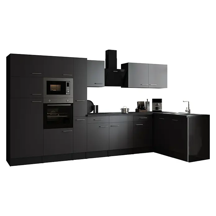 Respekta Olivia Winkelküche - 172 x 370 cm, Grau, Farbe Arbeitsplatte: Granit Optik, Mit Elektrogeräten, Silberne Griffe - Dieses Bild zeigt eine moderne graue Küche mit Einbaugeräten und verschiedenen Schränken. Das Design ist minimalistisch und funktional.