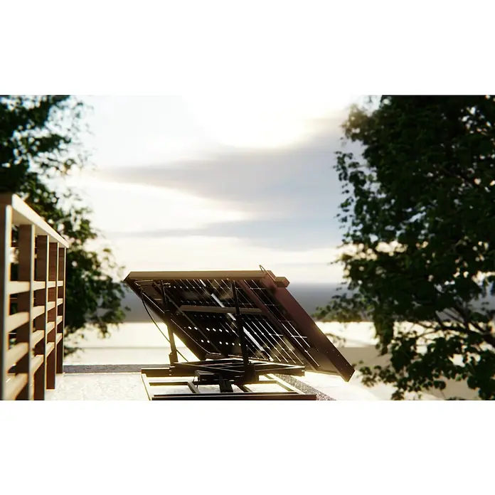 Hepa Solar Solarmodul Sunseeker - 0% MwSt. gem. § 12 Abs. 3 UStG - 440 W, L x B x H: 14,4 x 172,2 x 113,4 cm, Back Contact-Technologie (HPBC) - Solarpanel auf einem Dach mit Blick auf eine schöne Landschaft. Das Panel fängt das Sonnenlicht ein und erzeugt saubere Energie.