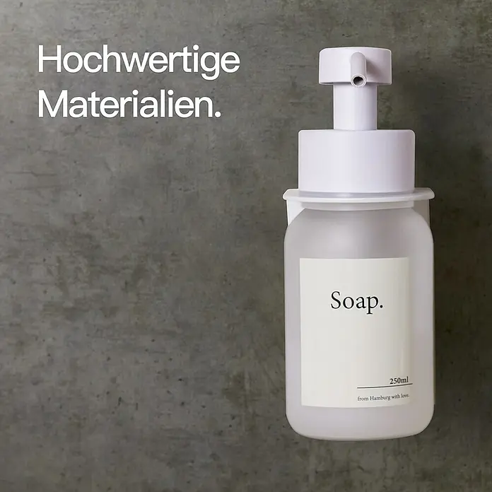 Designfabrik Hamburg Seifenspender - Edelstahl, Weiß/Satiniertes Glas, Wandmontage - Hochwertiger Seifenspender zur Wandmontage. Praktisch, mit klarem Design und der Aufschrift "Soap".