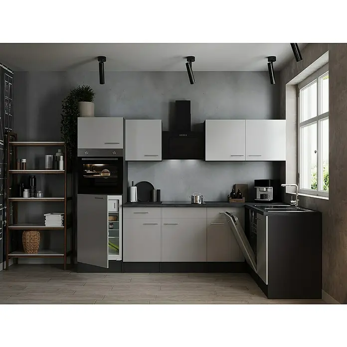 Respekta Olivia Winkelküche - 172 x 280 cm, Weiß, Mit Elektrogeräten - Helle Küche mit modernen Geräten, grauem Farbschema und dunklem Akzent. Praktisches Design mit Geschirrspüler, Ofen und Kühlschrank.