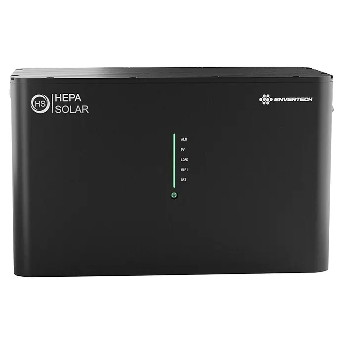 Hepa Solar Batteriespeicher Powercube 2200 - 0% MwSt. gem. § 12 Abs. 3 UStG - Nennleistung: 2.200 W - Das Bild zeigt einen HEPA Solar Wechselrichter mit LED-Anzeigen für Alarm, PV, Last, WLAN und Batterie, sowie einem Envertech Logo.