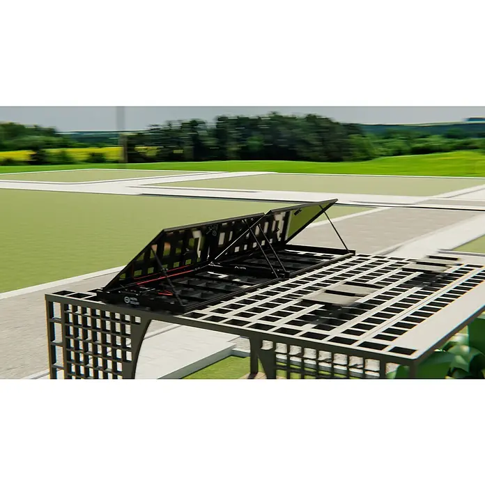 Hepa Solar Balkonkraftwerk Premium - 0% MwSt. gem. § 12 Abs. 3 UStG - 800 W, L x B x H: 184 x 120 x 10 cm, Back Contact-Technologie (HPBC) - Nahaufnahme des innovativen modularen Grills mit herausklappbaren Solarpanels in Außenbereich. Umweltfreundliches Grillen!