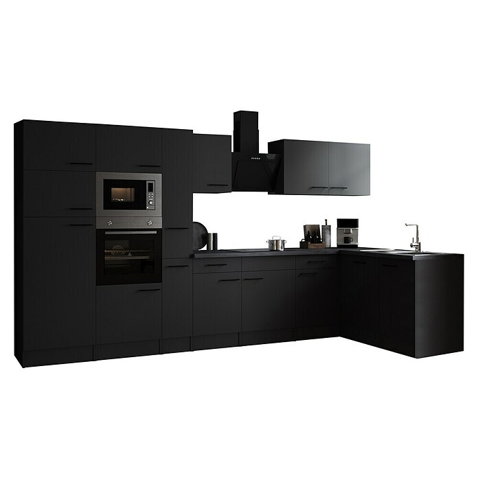 Respekta Olivia Winkelküche (172 x 370 cm, Grau, Farbe Arbeitsplatte: Granit Optik, Mit Elektrogeräten, Schwarze Griffe) | BAUHAUS