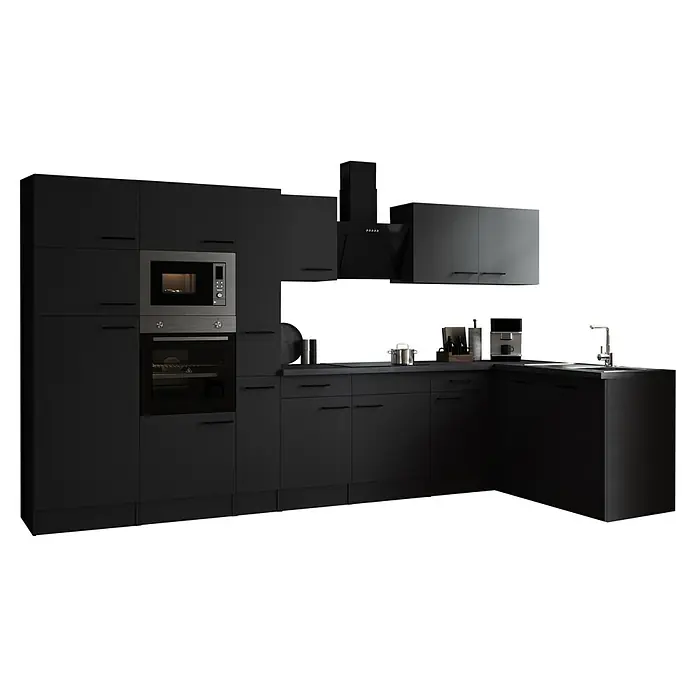 Respekta Olivia Winkelküche - 172 x 370 cm, Grau, Farbe Arbeitsplatte: Granit Optik, Mit Elektrogeräten, Schwarze Griffe - Schwarze Küche mit integrierten Geräten wie Backofen und Mikrowelle sowie Dunstabzugshaube für eine moderne Optik.