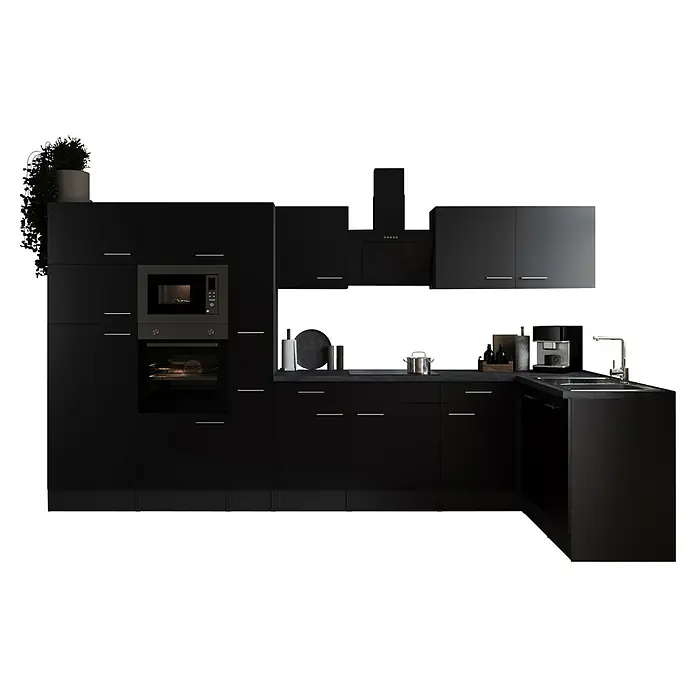 Respekta Olivia Winkelküche - 172 x 370 cm, Schwarz, Mit Elektrogeräten - Dunkle Küche mit integrierten Geräten, inklusive Mikrowelle, Backofen und Dunstabzugshaube, die ein elegantes und modernes Design bietet.