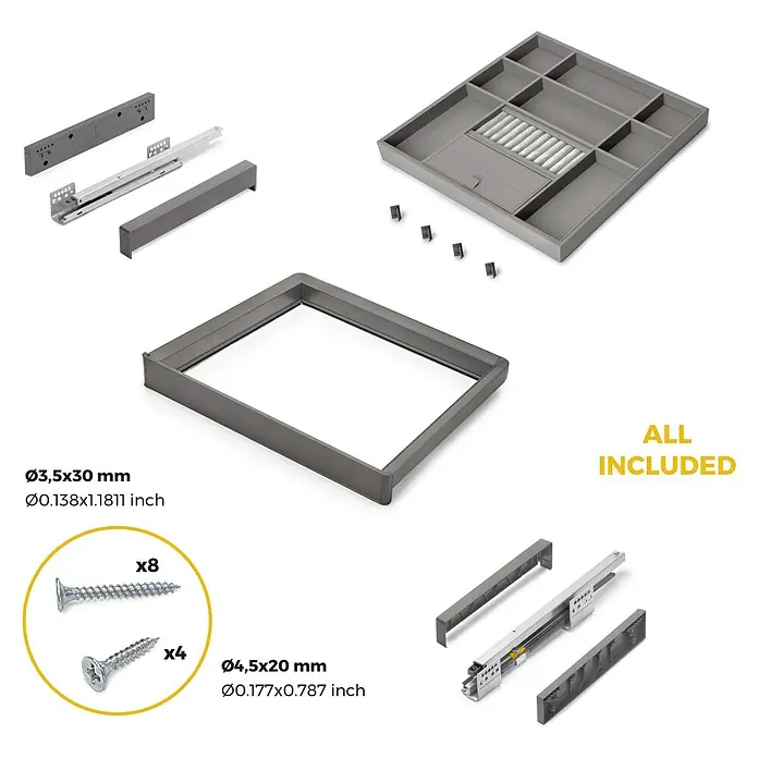 Emuca Schrank-Organisator Quartz - Breitenverstellung: 562 mm - 688 mm, Höhe: 66 mm, Traglast: 30 kg - Bild zeigt ein Schubladen-Set mit Rahmen, Einsätzen, Schienen und Schrauben. Alles für den Einbau enthalten.