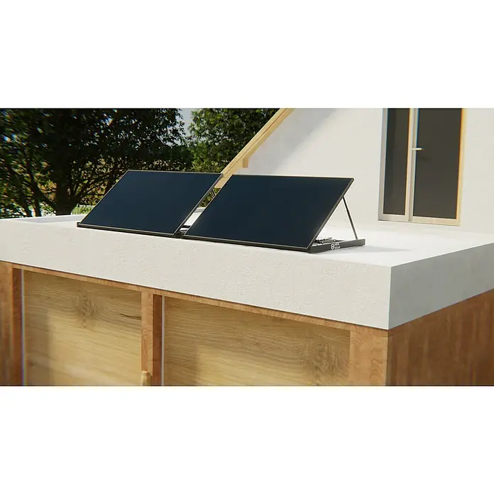 Hepa Solar Balkonkraftwerk Premium - 0% MwSt. gem. § 12 Abs. 3 UStG - 800 W, L x B x H: 184 x 120 x 10 cm, Back Contact-Technologie (HPBC) - Zwei Solarmodule auf einem Dach installiert, zur effizienten Nutzung von Sonnenenergie und zur Reduzierung des ökologischen Fußabdrucks.