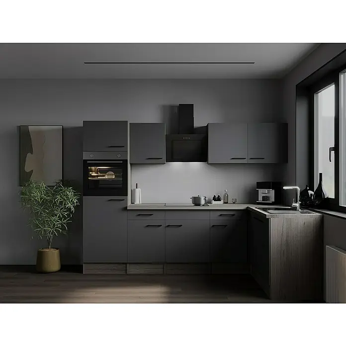 Respekta Olivia Winkelküche - 172 x 280 cm, Grau, Farbe Arbeitsplatte: Eiche York Nachbildung, Mit Elektrogeräten, Schwarze Griffe - Elegante, moderne Küche in Grau mit hochwertigen Geräten. Das minimalistische Design und die dunkle Farbgebung schaffen eine stilvolle Atmosphäre.
