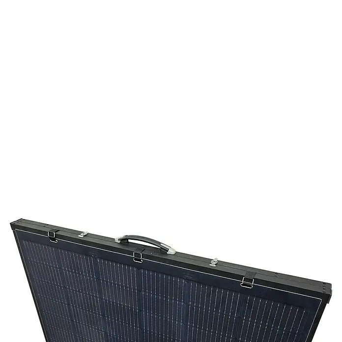 Hepa Solar Balkonkraftwerk Mini - 0% MwSt. gem. § 12 Abs. 3 UStG - Nennleistung: 200 W, L x B x H: 120 x 100 x 6,5 cm - Tragbares Solarpanel in geschlossenem Zustand mit Tragegriff und Verriegelungen, ideal für Camping oder Notstromversorgung.