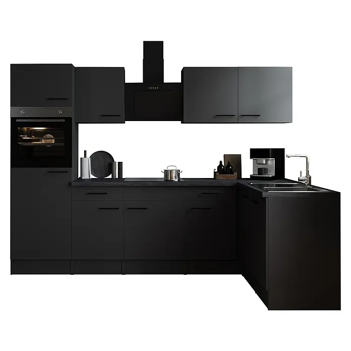 Respekta Olivia Winkelküche - 172 x 280 cm, Grau, Farbe Arbeitsplatte: Granit Optik, Mit Elektrogeräten, Schwarze Griffe - Schwarze Küchenzeile mit Backofen, Herd und Spüle. Moderne Optik und viel Stauraum für Kochutensilien. Minimalistisches Design.