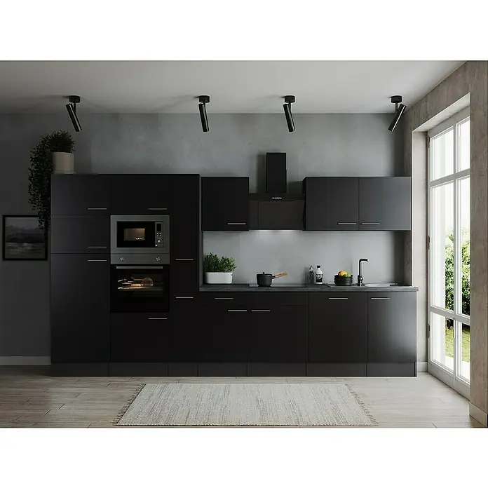 Respekta Olivia Küchenzeile - Breite: 370 cm, Schwarz, Mit Elektrogeräten - Elegantes Küchendesign mit modernen schwarzen Schränken, minimalistischen Griffen und integrierten Geräten für einen stilvollen Look.