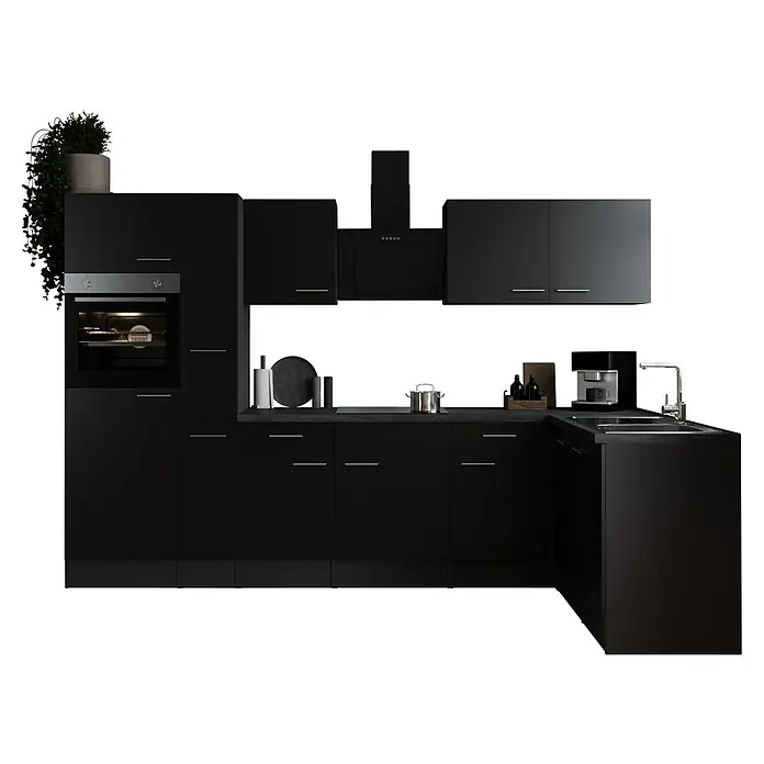 Respekta Olivia Winkelküche - 172 x 310 cm, Schwarz, Mit Elektrogeräten - Moderne, schwarze Küche mit integriertem Ofen, Hängeschränken und Spüle mit Armatur. Stilvolles Design für ein modernes Zuhause.