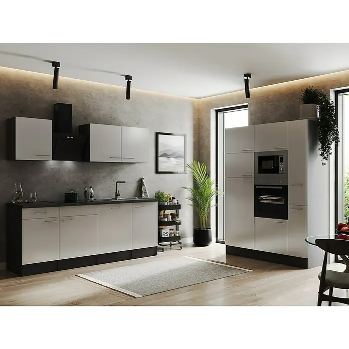 Respekta Olivia Küchenzeile - Breite: 370 cm, Weiß, Mit Elektrogeräten - Moderne Küche in Grau- und Schwarztönen mit stilvollen Schränken, Geräten und dekorativen Elementen für ein elegantes Ambiente.