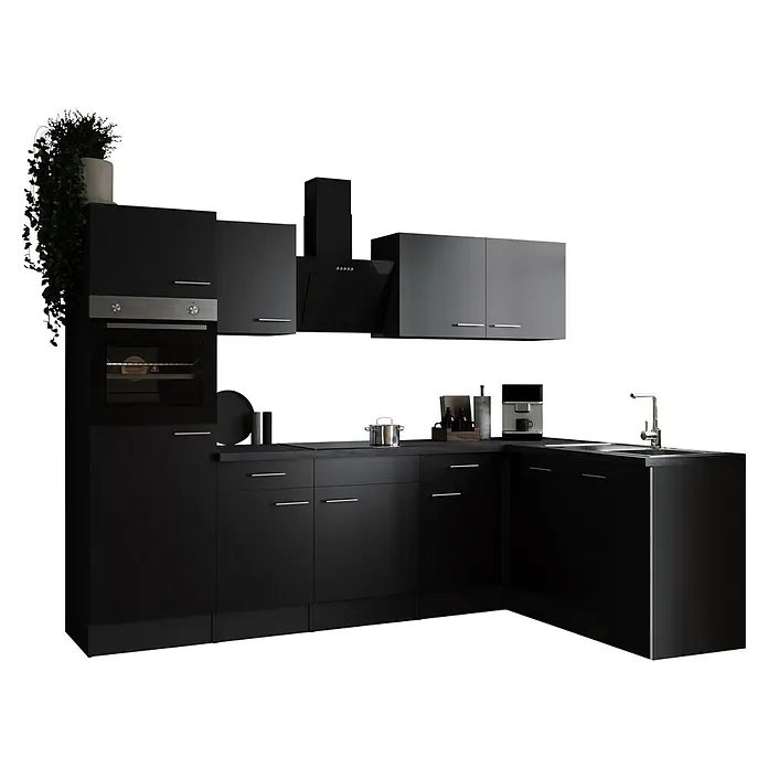 Respekta Olivia Winkelküche - 172 x 280 cm, Schwarz, Mit Elektrogeräten - Schwarze Küche mit Backofen, Dunstabzugshaube und Spüle für moderne Eleganz im Herzen Ihres Zuhauses.