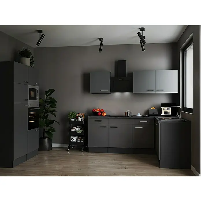 Respekta Olivia Winkelküche - 172 x 340 cm, Grau, Farbe Arbeitsplatte: Granit Optik, Mit Elektrogeräten, Silberne Griffe - Moderne dunkle Küche mit grauem Interieur und Holzboden, die ein elegantes und stilvolles Ambiente für kulinarische Aktivitäten bietet.