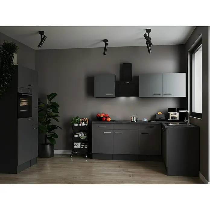 Respekta Olivia Winkelküche - 172 x 310 cm, Grau, Farbe Arbeitsplatte: Granit Optik, Mit Elektrogeräten, Silberne Griffe - Graue Küche mit modernen Geräten und stilvollem Design, inklusive Dunstabzugshaube, Kochfeld und Arbeitsfläche.