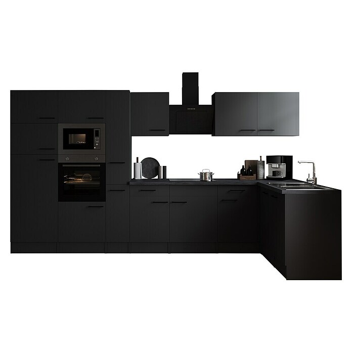 Respekta Olivia Winkelküche (172 x 370 cm, Grau, Farbe Arbeitsplatte: Granit Optik, Mit Elektrogeräten, Schwarze Griffe) | BAUHAUS
