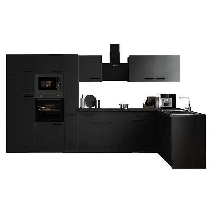 Respekta Olivia Winkelküche - 172 x 370 cm, Grau, Farbe Arbeitsplatte: Granit Optik, Mit Elektrogeräten, Schwarze Griffe - Schwarze Küche mit modernem Design. Der Fokus liegt auf den schlichten Linien und der matten Oberfläche der Küchenschränke.
