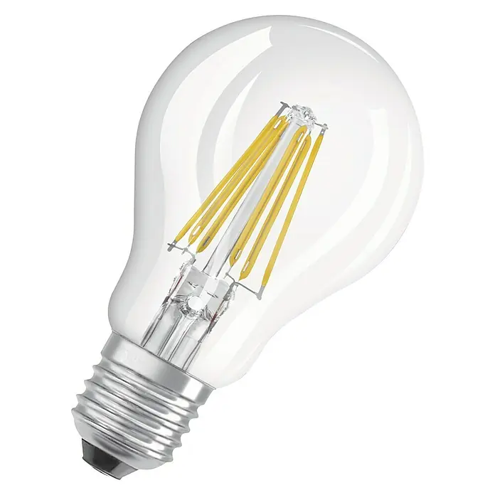 Osram LED-Lampe Glühlampenform E27 - E27, Nicht Dimmbar, Warmweiß, 1.055 lm, 7,5 W - Nahaufnahme einer OSRAM LED Lampe im Edison-Stil mit klarem Glaskolben und sichtbaren Glühfäden.