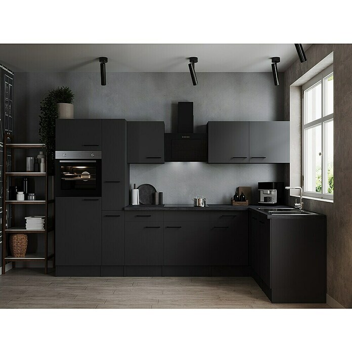 Respekta Olivia Winkelküche (172 x 310 cm, Grau, Farbe Arbeitsplatte: Granit Optik, Mit Elektrogeräten, Schwarze Griffe) | BAUHAUS