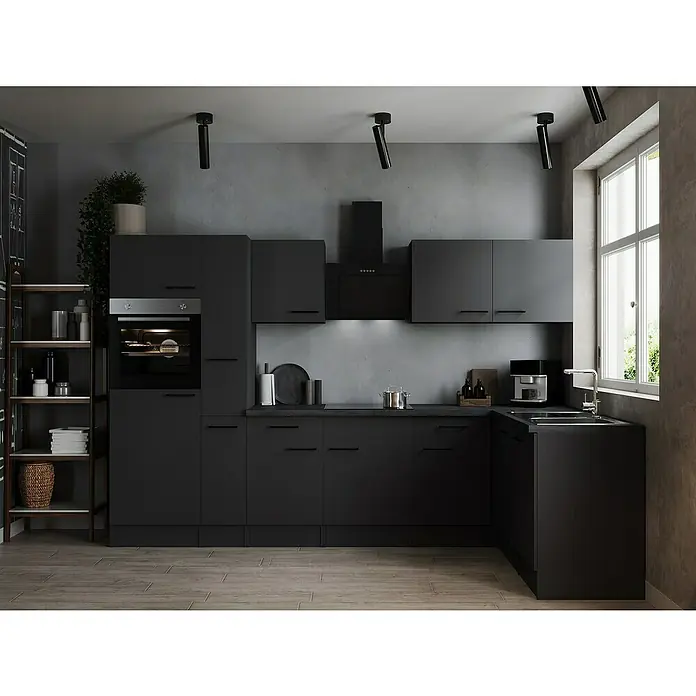 Respekta Olivia Winkelküche - 172 x 310 cm, Grau, Farbe Arbeitsplatte: Granit Optik, Mit Elektrogeräten, Schwarze Griffe - Ein modernes Küchendesign mit mattschwarzen Schränken, einer Spüle, einem Kochfeld und einem Ofen, ideal für kulinarische Enthusiasten.