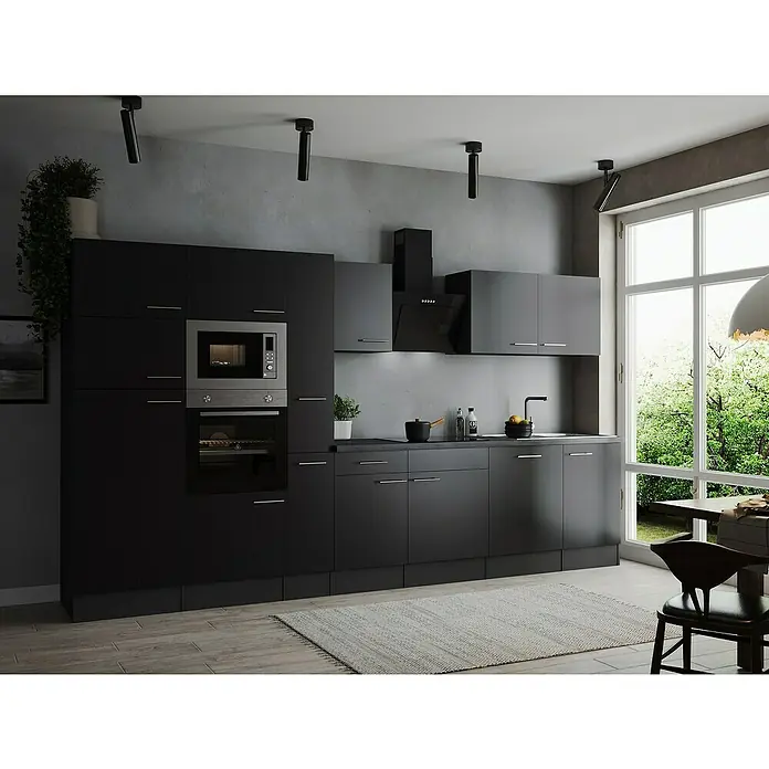 Respekta Olivia Küchenzeile - Breite: 370 cm, Schwarz, Mit Elektrogeräten - Moderne Küche mit eleganten, mattschwarzen Schränken, integriertem Mikrowellenherd und Backofen sowie einer stilvollen Dunstabzugshaube.