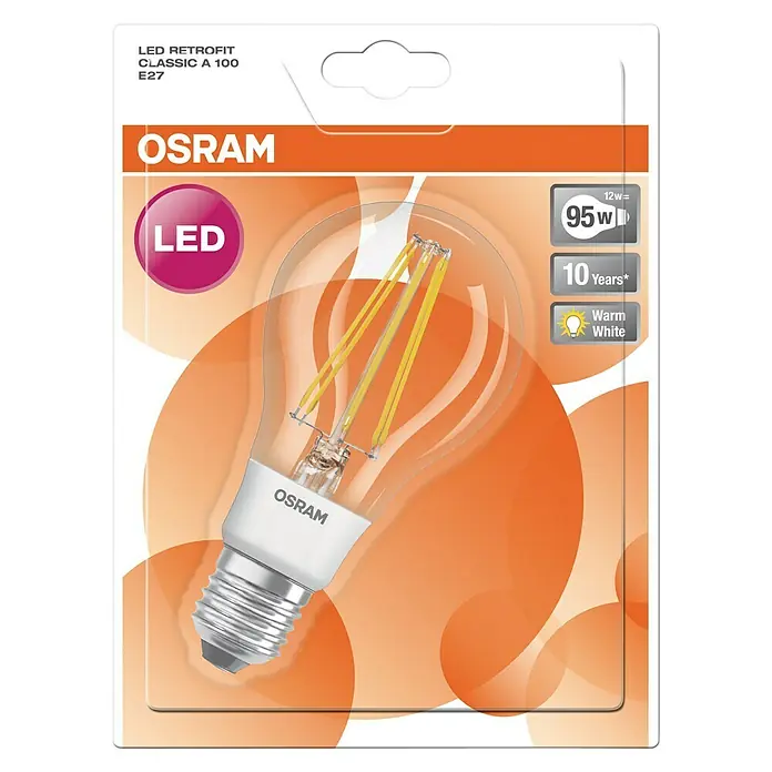 Osram Bombilla LED Retrofit Classic A - E27, No regulable, Blanco cálido, 1.420 lm, 11 W - Embalaje de una bombilla Osram LED Retrofit Classic A 100 E27, equivalente a 95W, con una vida útil de 10 años.