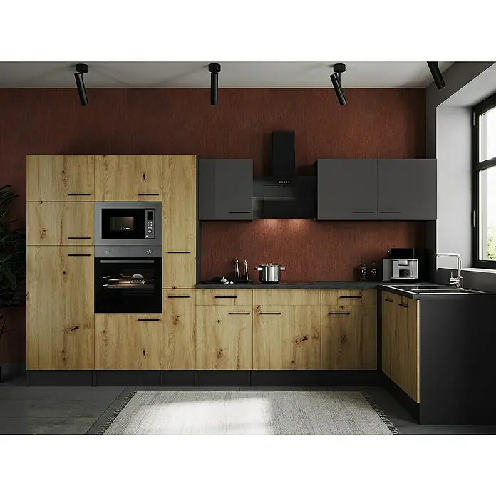Respekta Olivia Winkelküche - 172 x 370 cm, Artisan Eiche Nachbildung/Grau, Mit Elektrogeräten - Moderne Küche mit Holzfronten und grauen Oberschränken. Der Fokus liegt auf dem modernen Küchendesign mit integrierten Geräten und stimmiger Farbgebung.