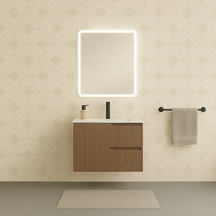 Mueble bajo de lavabo Claire - L x An x Al: 45 x 60 x 50 cm, Moka, 1 seno, salida central, Número de cajones: 2 ud. - Interior de baño con moderno tocador efecto madera, espejo iluminado y alfombra de baño beige.