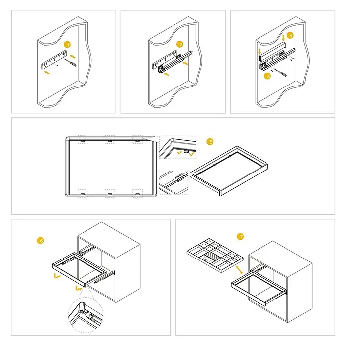 Emuca Schrank-Organisator Quartz - Breitenverstellung: 562 mm - 688 mm, Höhe: 66 mm, Traglast: 30 kg - Montageanleitung für eine Schublade mit Schienen und Einsätzen in sieben Schritten.