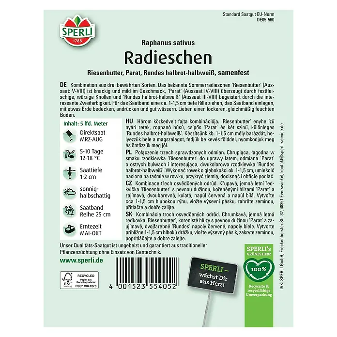 Sperli Gemüsesamen Radieschen Kombination II - Raphanus sativus, Erntezeit: Mai - Samenfeste Radieschenmischung 'Riesenbutter, Parat, Rundes halbrot-halbweiß' von Sperli, ideal für den Gartenanbau.