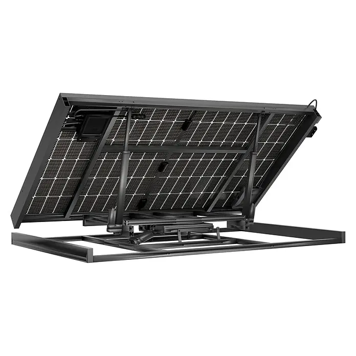 Hepa Solar Solarmodul Sunseeker - 0% MwSt. gem. § 12 Abs. 3 UStG - 440 W, L x B x H: 14,4 x 172,2 x 113,4 cm, Back Contact-Technologie (HPBC) - Ansicht einer solarbetriebenen Pergola mit einem automatischen Schiebedach. Das Dach bietet Schatten und Schutz vor der Sonne.
