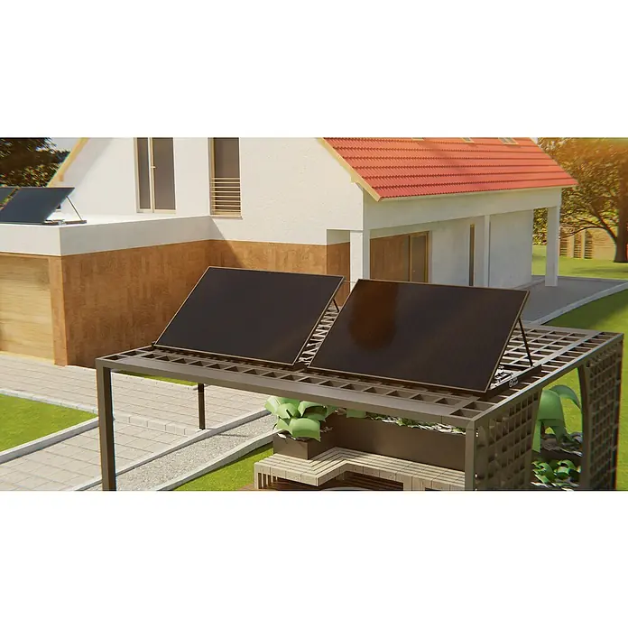 Hepa Solar Balkonkraftwerk Premium - 0% MwSt. gem. § 12 Abs. 3 UStG - 800 W, L x B x H: 184 x 120 x 10 cm, Back Contact-Technologie (HPBC) - Ein Solarpanel-System auf einem begrünten Pavillon, das nachhaltige Energieerzeugung mit urbanem Gartenbau verbindet.