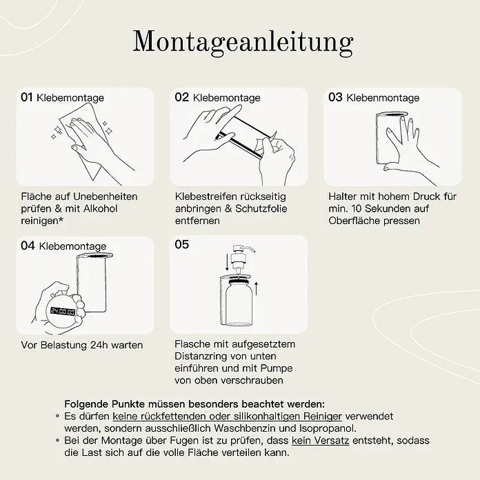 Designfabrik Hamburg Seifenspender - Edelstahl, Weiß/Satiniertes Glas, Wandmontage - Montageanleitung für einen Seifenspender: Fläche reinigen, Klebestreifen anbringen, Halter andrücken, 24h warten, Flasche montieren.