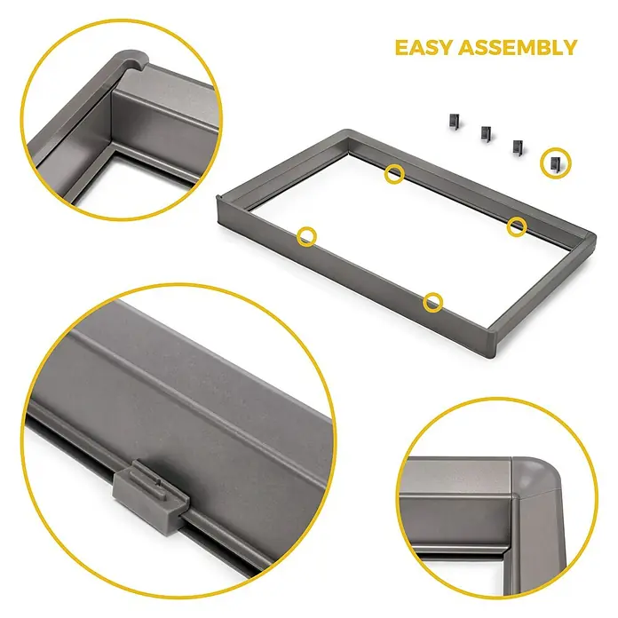 Emuca Schrank-Organisator Quartz - Breitenverstellung: 562 mm - 688 mm, Höhe: 66 mm, Traglast: 30 kg - Bild eines rechteckigen grauen Rahmens mit der Aufschrift "Einfache Montage" und Detailansichten der Ecken und Befestigungen.